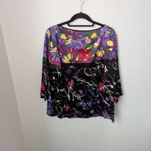 Elie Tahari Luxury Silk Floral + Abstract Printed Blouse, XL - Picture 1 of 5